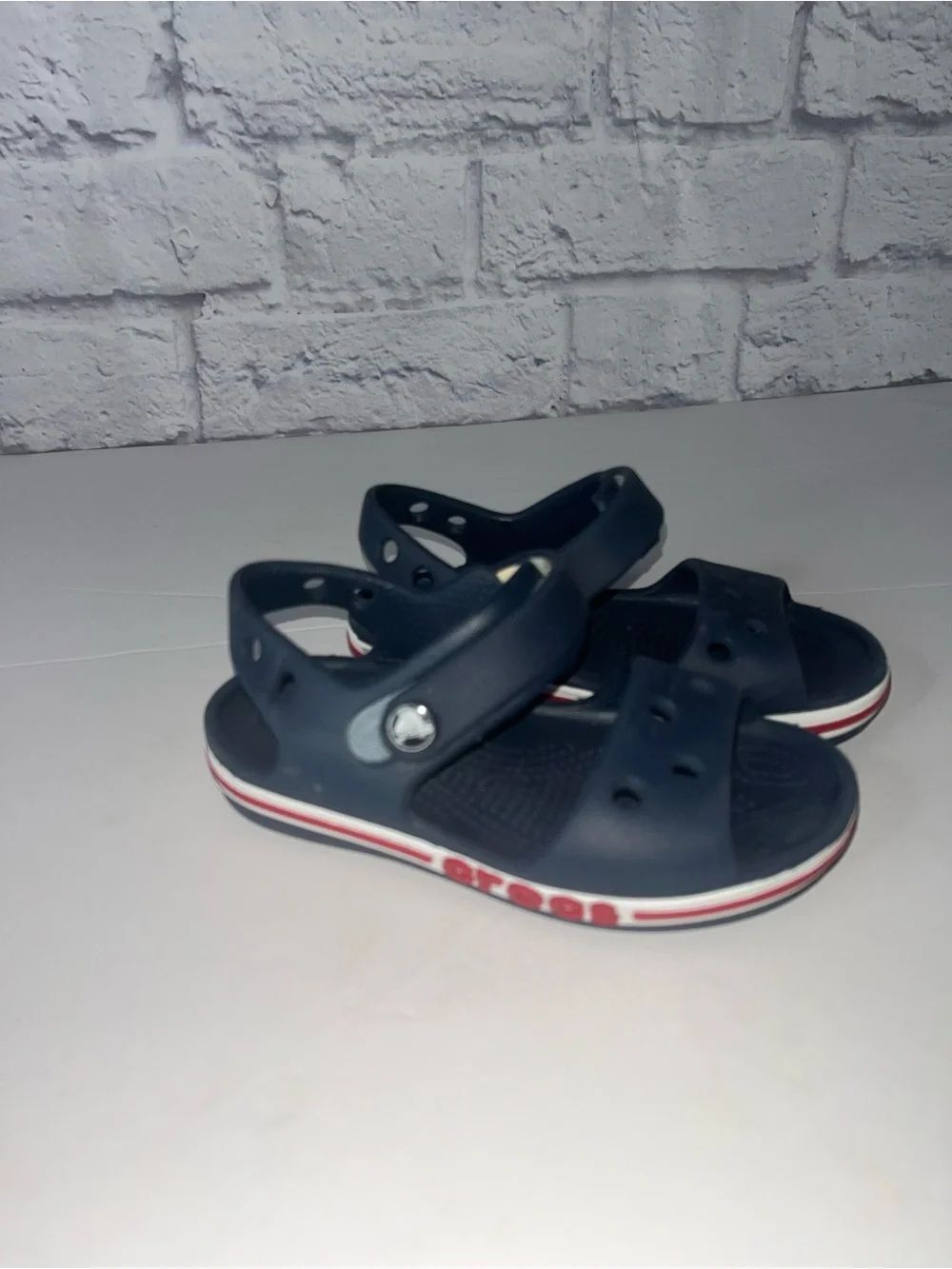 Kids Navy Blue Casual Sandals with Red & White Sole Crocs sandals size 8 boys